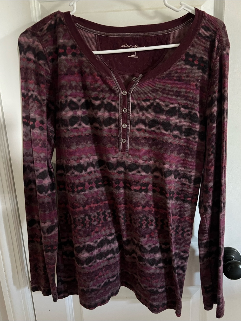 Eddie Bauer Plum and Black Patterned Long-Sleeve Henley Top